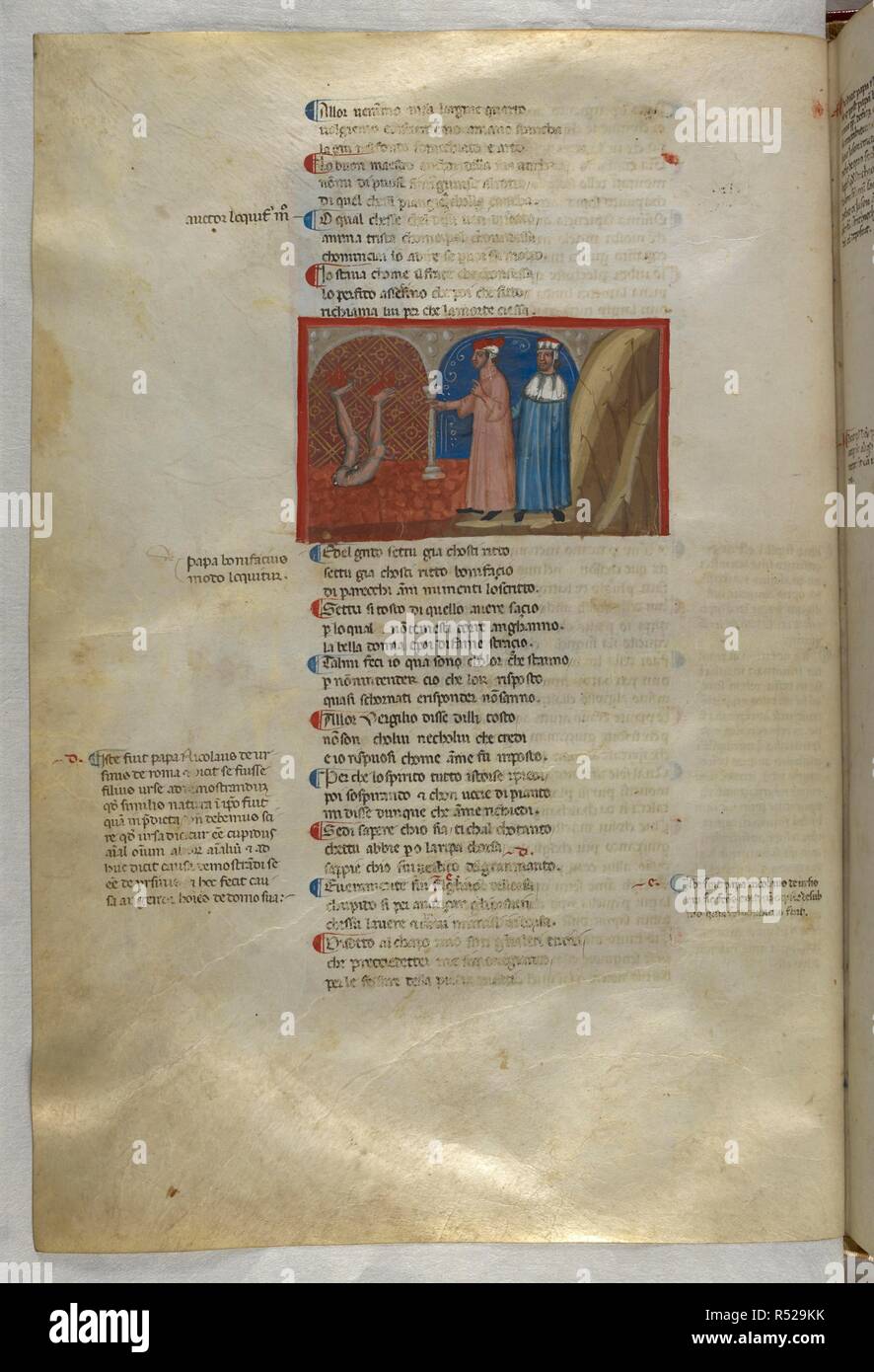 Inferno: Pope Clement V punished for simony. Dante Alighieri, Divina Commedia ( The Divine Comedy ), with a commentary in Latin. 1st half of the 14th century. Source: Egerton 943, f.34v. Language: Italian, Latin. Stock Photo