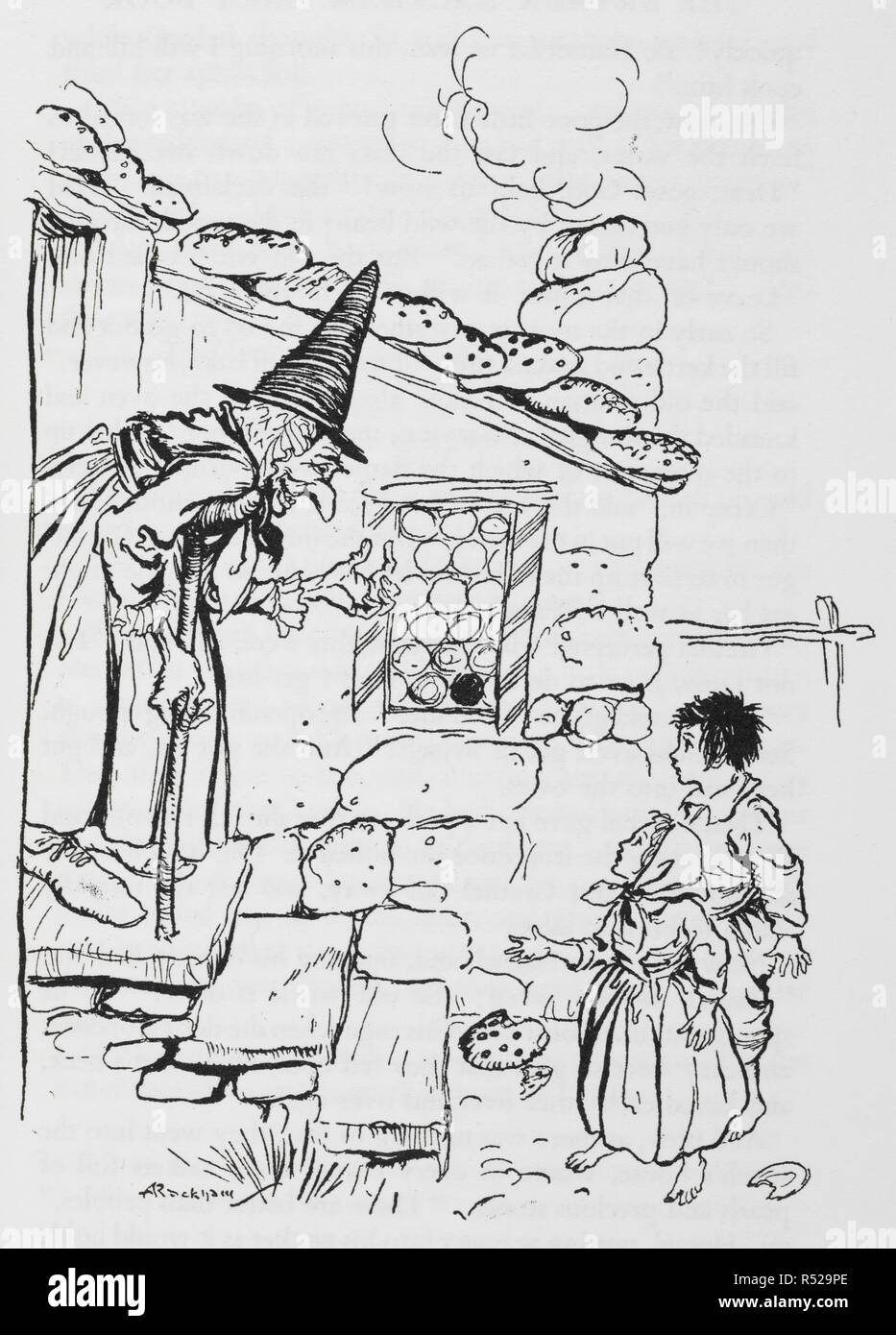 Hansel and Grethel with the Witch at her cottage. The Arthur Rackham Fairy Book, etc. London : G. G. Harrap & Co., 1933. Source: 12403.bb.17 p. 275. Stock Photo