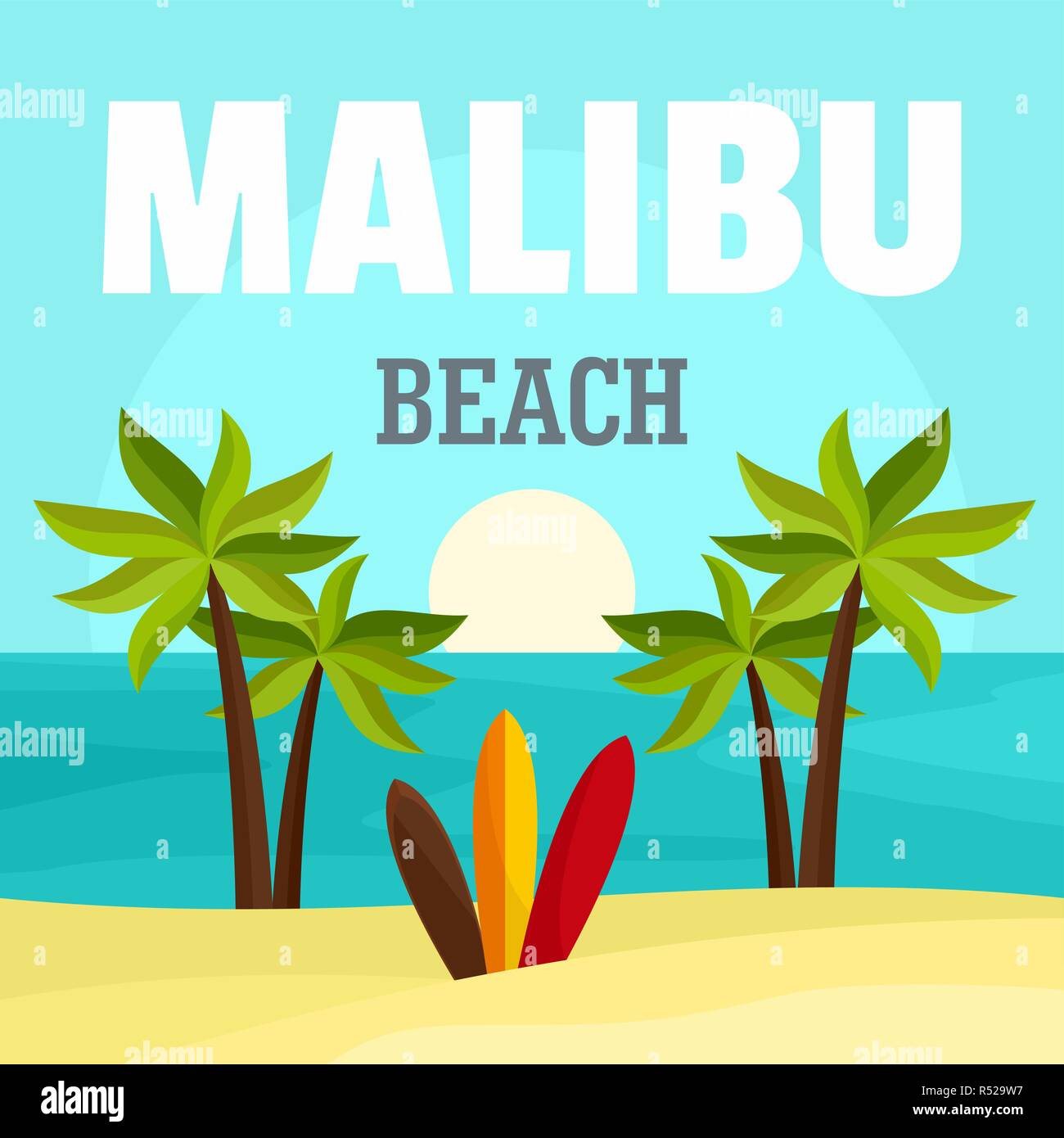 Sunrise at malibu beach background. Flat illustration of sunrise at