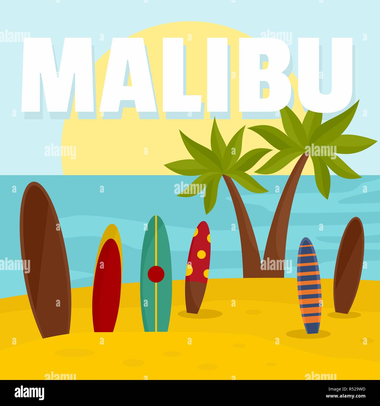 Malibu surf board beach background. Flat illustration of malibu surf