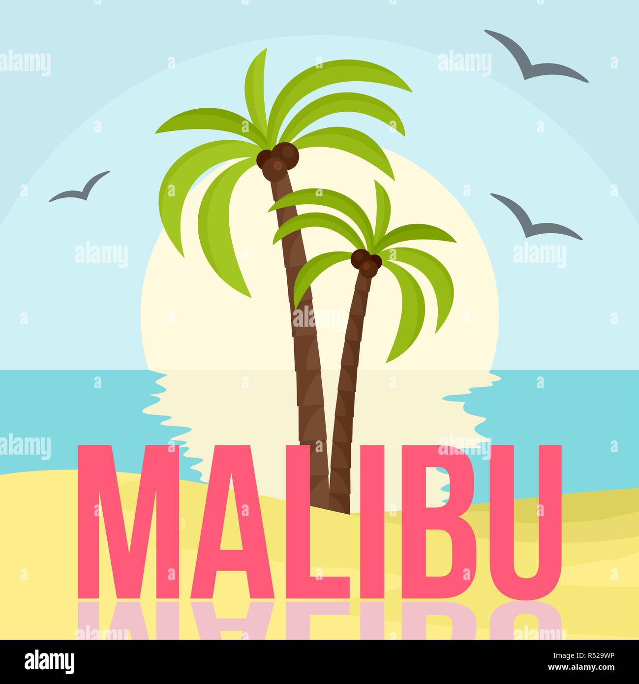 Sunset at malibu beach background. Flat illustration of sunset at