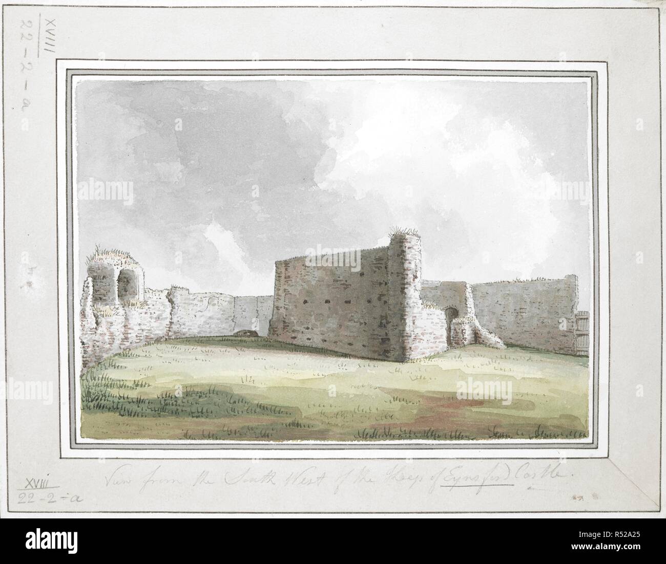 The ruins of Eynsford Castle. View from the South West of the Keep of Eynsford Castle. c. 1790-1810. Pen and black ink with watercolour. Source: Maps K.Top.18.22.2.a. Language: English. Stock Photo