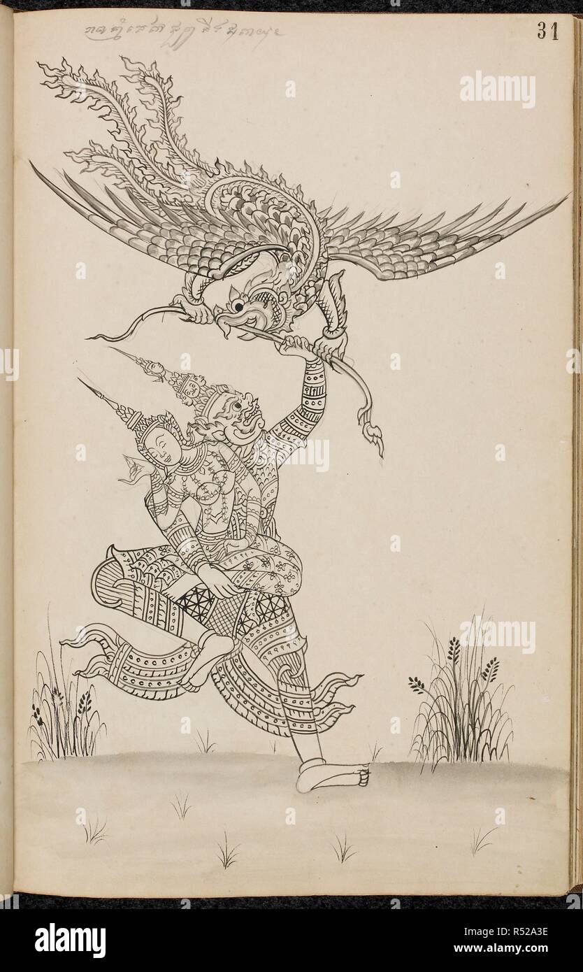 Khom Script Ravana abducts Sita, scene from the Ramakien (Thai version of the ...