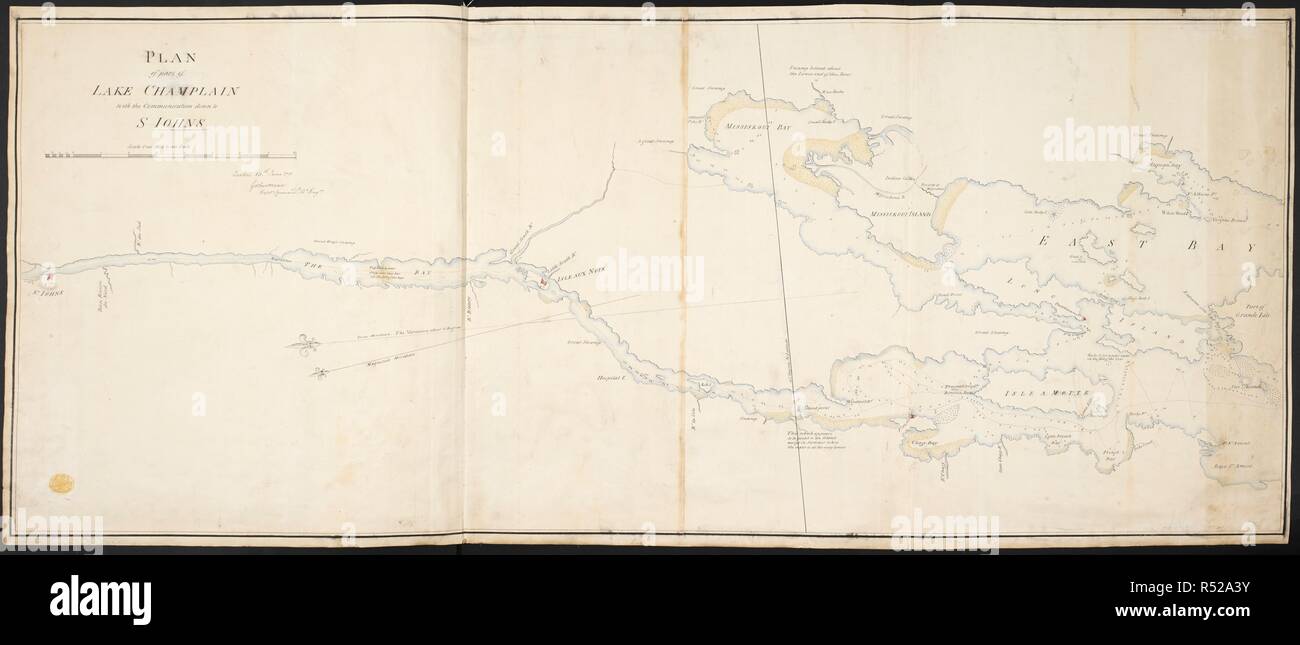 A manuscript plan at a large scale of the route from the northern part of Lake Champlain northwards to 'St Iohns' (now Saint-Jean-sur-Richelieu) . PLAN of part of LAKE CHAMPLAIN with the Communication down to S IOHNS. Quebec : 13th. June 1791 Gothermann Capt. Commant. Rl. Engr., [1791.]. Manuscript pen and ink with watercolour. Source: Maps K.Top.119.43.2. Language: English. Stock Photo