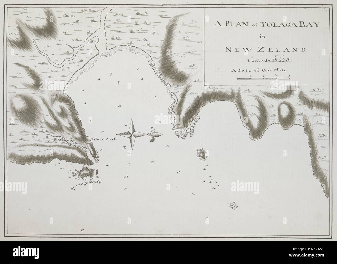 A plan of Tolaga Bay, in New Zealand; drawn by Lieut. James Cook, on a scale of 2 inches to a mile. Charts, Plans, Views, and Drawings taken on board the Endeavour during Captain Cook's First Voyage, 1768-1771. 1769. Ms. 1 f. x 9 in.; 30 x 23 cm.; Scale 1: 31 680. 2 inches to a mile. Source: Add. 7085, No.20. Stock Photo