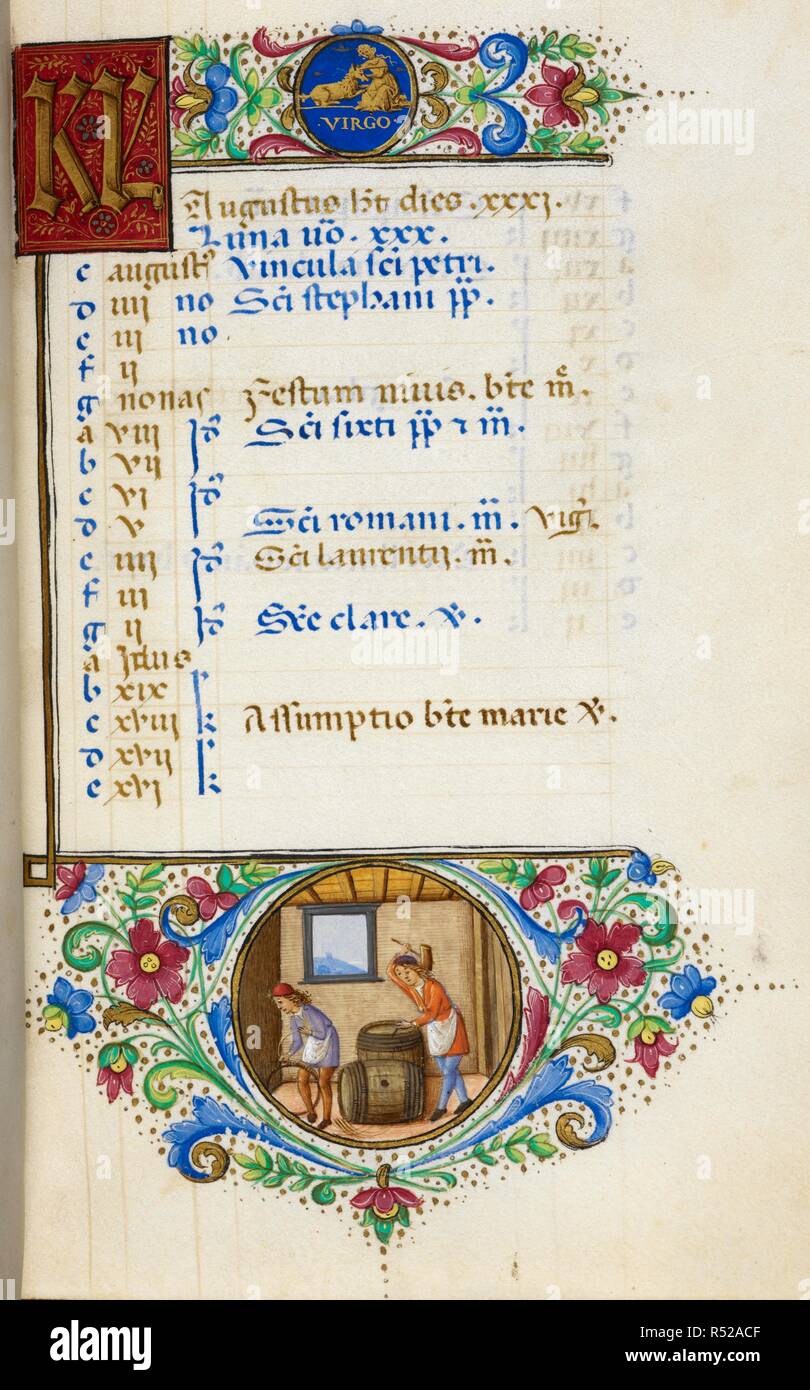 Calendar Page For August Virgo Lower Margin Two Coopers Making Barrels Produced For Laudomia Daughter Of Lorenzo De Medici On Her Marriage To Francesco Salviati Hours Of Laudomia De Medici Italy Florence