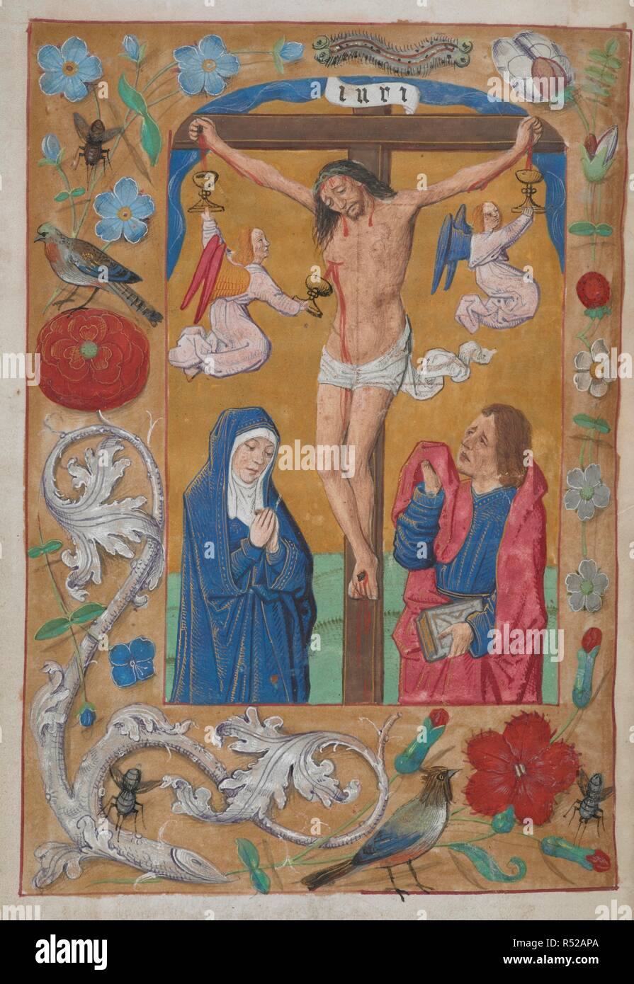 The Crucifixion: two angels catch the blood in chalices. Book of Hours, Use of Sarum. Netherlands, S. (Bruges); c. 1500. Source: King's 9, f.15v. Language: Latin. Stock Photo