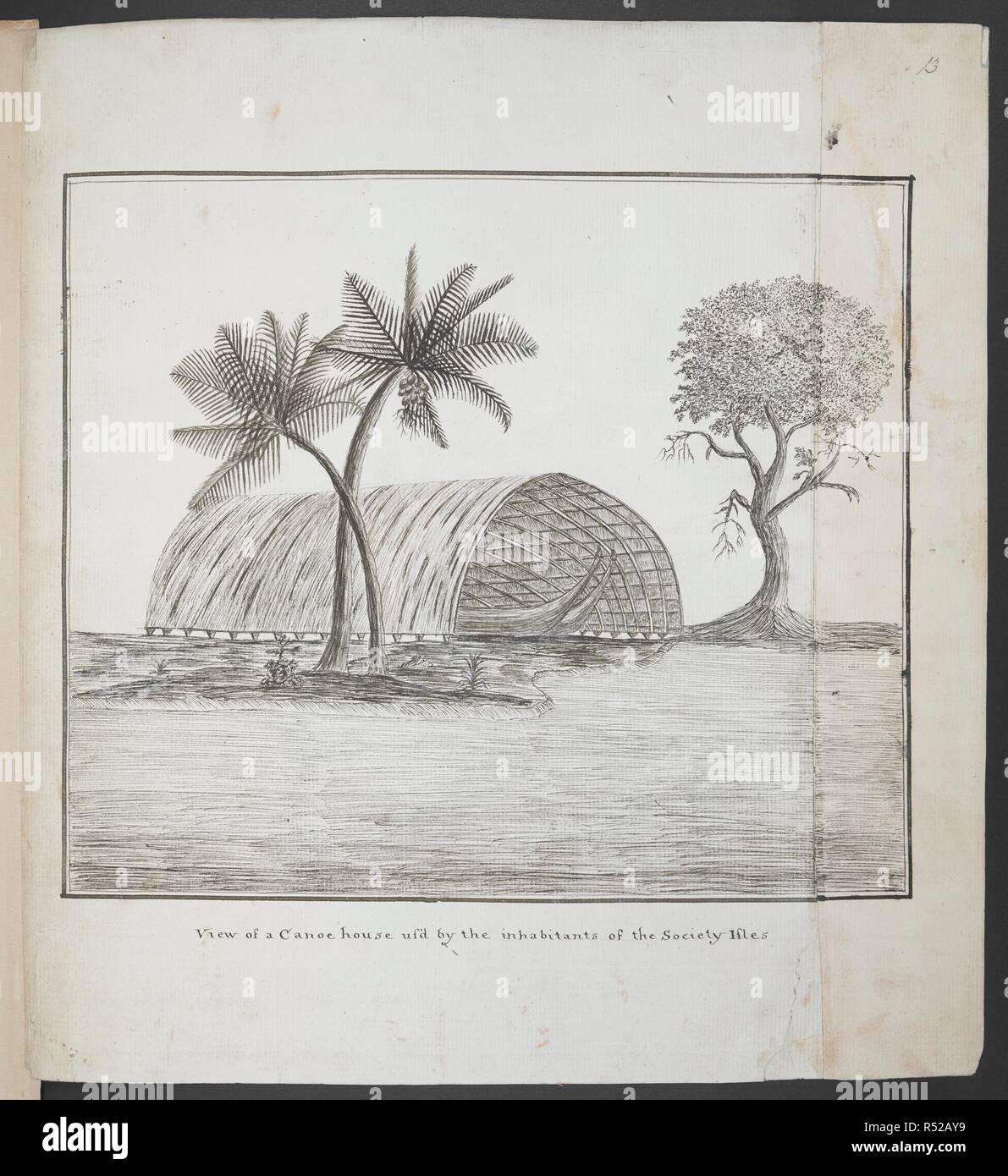 (Whole drawing) View of a canoe house used by the inhabitants of the Society Islands, after a drawing by Sydney Parkinson, January - July 1771. Charts, Plans, Views, and Drawings taken on board the Endeavour during Captain Cook's First Voyage, 1768-1771. 1771. Source: Add. 7085, No.13. Language: English. Author: PRAVAL, CHARLES. Stock Photo