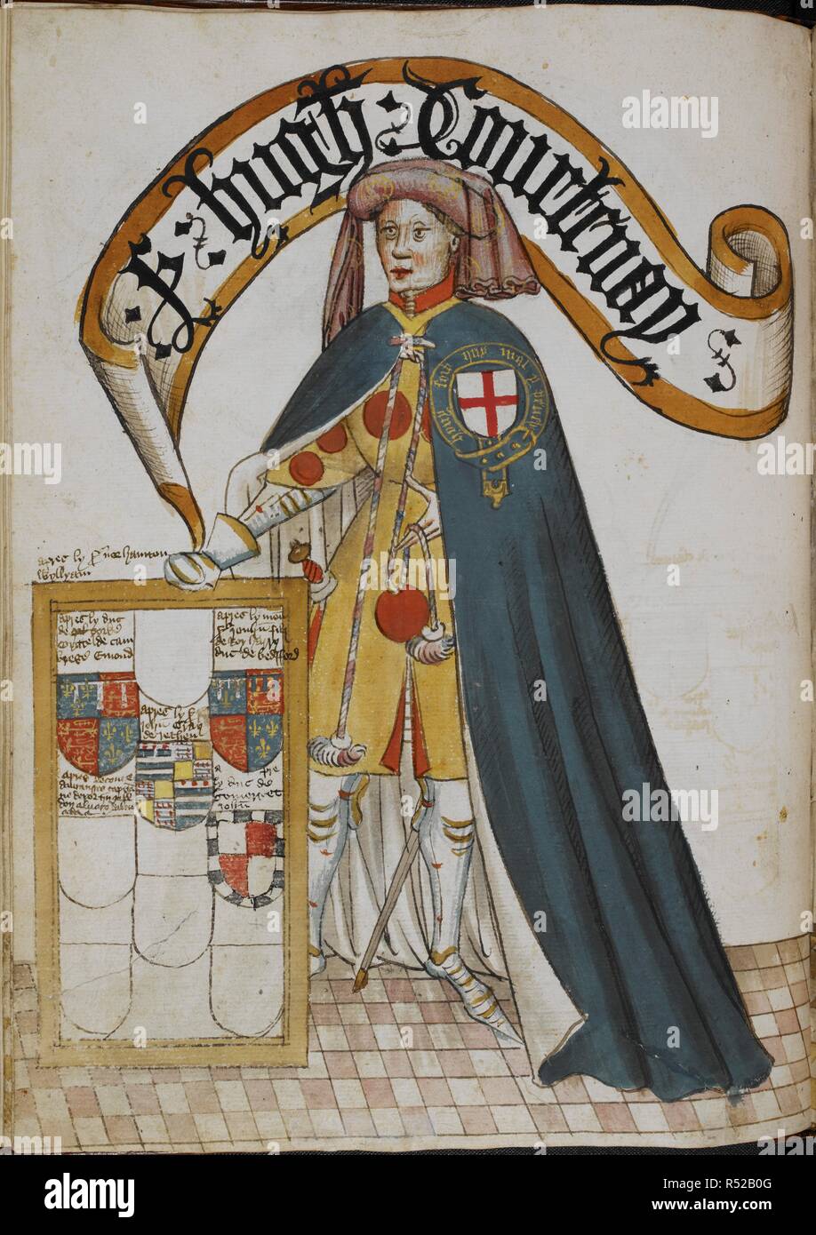 Sir Hugh Courteney, a founder Knight of the Order of the Garter, wearing a blue Garter mantle over plate armour and surcoat displaying his arms. Pictorial book of arms of the Order of the Garter ('William Bruges's Garter Book'). England, S. E. (probably London); c. 1430- c. 1440 (before 1450). Source: Stowe 594 f.10v. Stock Photo
