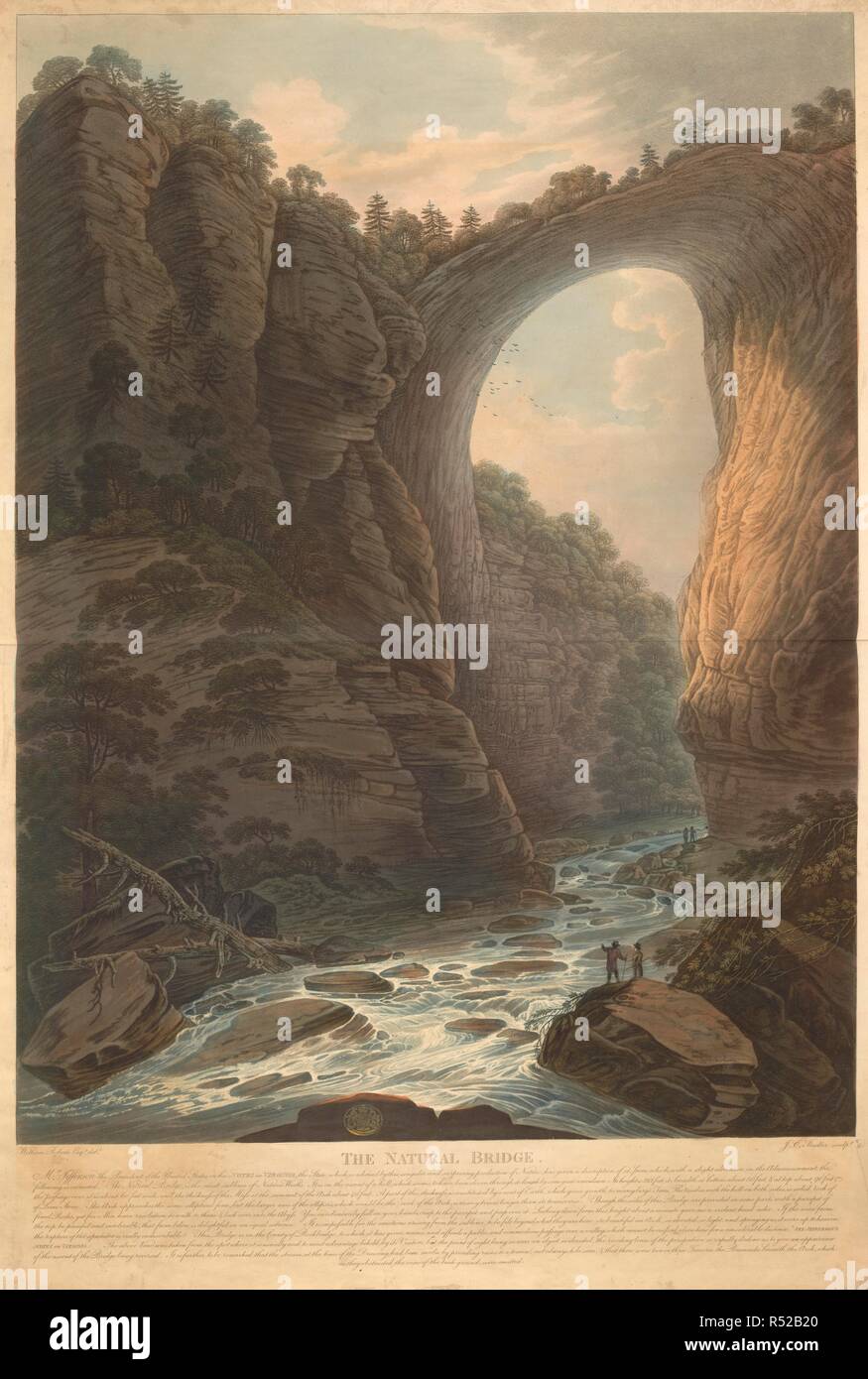 A view in Rockbridge County, crossing Cedar Creek, in Virginia, with two figures standing on the banks of a river admiring a high arch of natural rock through which a turbulent current runs among the rocks, with trees above and a valley seen in the background. THE NATURAL BRIDGE. [London] : Pub.d as the Act Directs By Messrs. Colnaghi & Co. Cockspur Street, [1808]. Hand-coloured aquatint and etching. Source: Maps K.Top.122.48. Language: English. Author: Stadler, Joseph C. Stock Photo