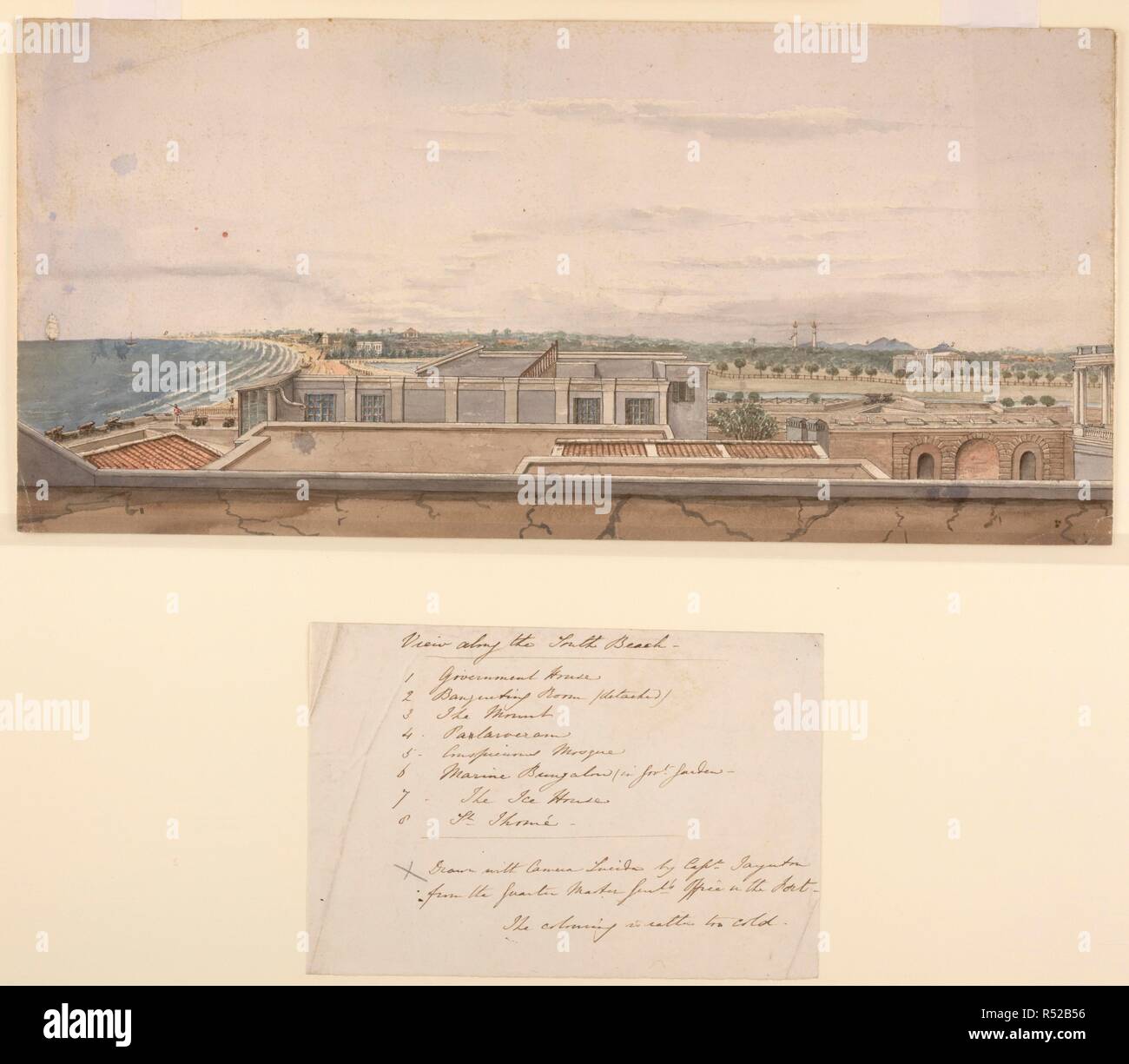 View of Madras looking south from the fort, with main landmarks numbered.  Inscribed on original label: â€˜View along the South Beach. 1. Government House. 2. Banqueting Room (detached) 3. The Mount. 4. Palaveram. 5. Conspicuous Mosque. 6. Marine Bungalow, in Govt Garden. 7. The Ice House. 8. St Thome. Drawn with Camera Lucida by Capt Taynton from the Quarter Master Genlâ€™s Office in the Fort. The colouring is rather too cold.â€™. c.1838. Water-colour 16.6 by 35.3cm. Source: WD 3738. Author: Taynton, Edwin George. Stock Photo