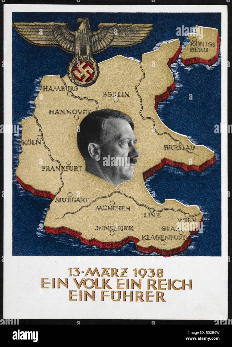 Portrait of Adolf Hitler, over a map of Germany. An Eagle and swastika emblem. A collection of cartographical picture postcards illustrating the political situation in Europe. Colour image. Source: Maps.C.1.a.9.(38). Language: German. Stock Photo