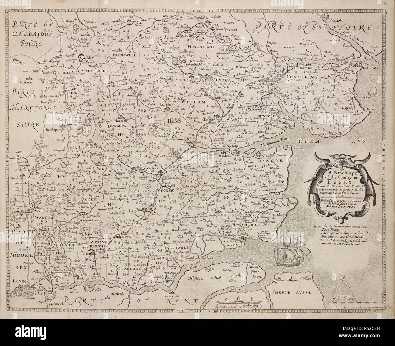 A Map of the county of Essex. A collection of 37 Maps of the counties of England. London. H. Overton, 1714. A collection of 37 Maps of the counties of England, being reprints, of J. Speedâ€™s maps, by Henry Overton, together with those of P. Stent reprinted by John Overton, and maps of Derbyshire and Yorkshire engraved by S. Nicholls. Source: Maps.145.c.9 14. Language: English. Stock Photo