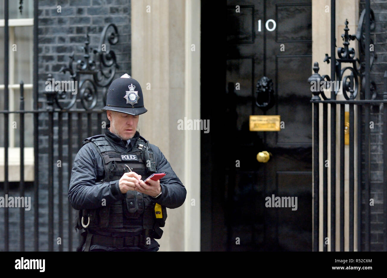 Police officer writing in his notebook outside 10 Downing Street