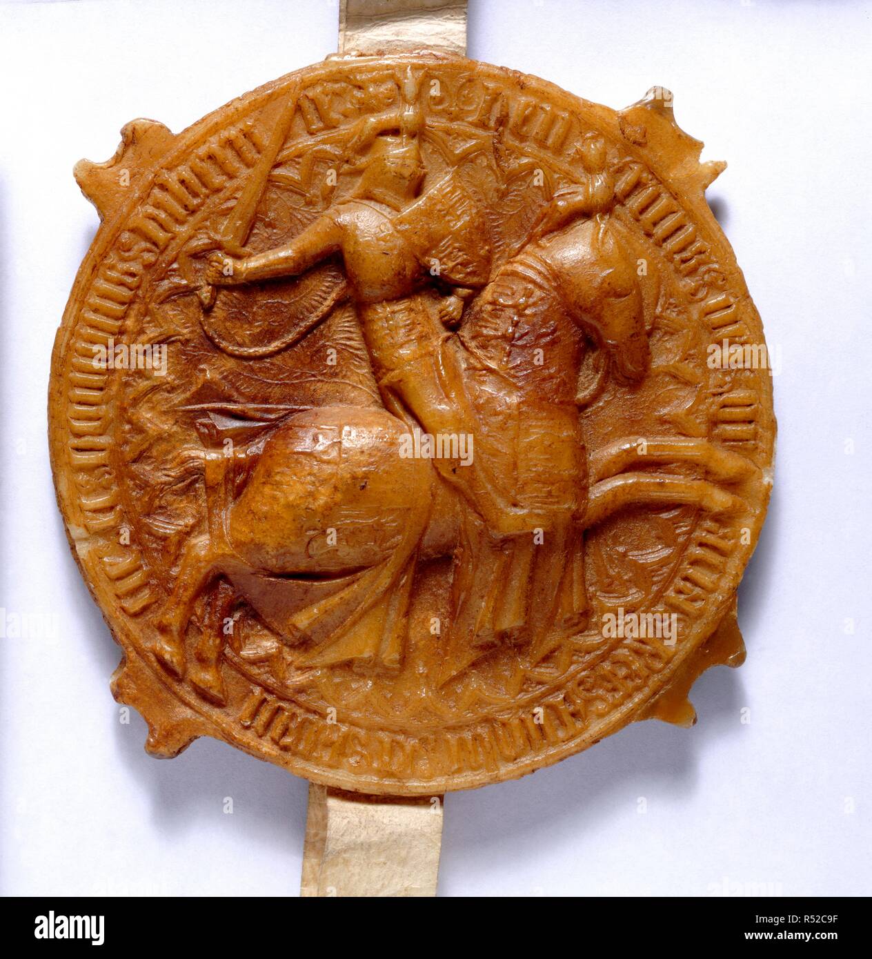 Second Seal of King Henry IV. England; 1411. [Reverse] Wax impression of the Second Seal of King Henry IV. The king, mounted on a galloping horse, holds a chained sword. He wears armour heraldically ornamented with royal arms; the helmet with the crest of England, and shield with the arms of France and England. The horse is caparisoned heraldically, and on its head is the crest of England. The seal is from a ratification by the king of a treaty of commerce between England and Flanders, 2 June 1411  Originally published/produced in England; 1411. . Source: Add. Charter 11158,. Language: Latin. Stock Photo