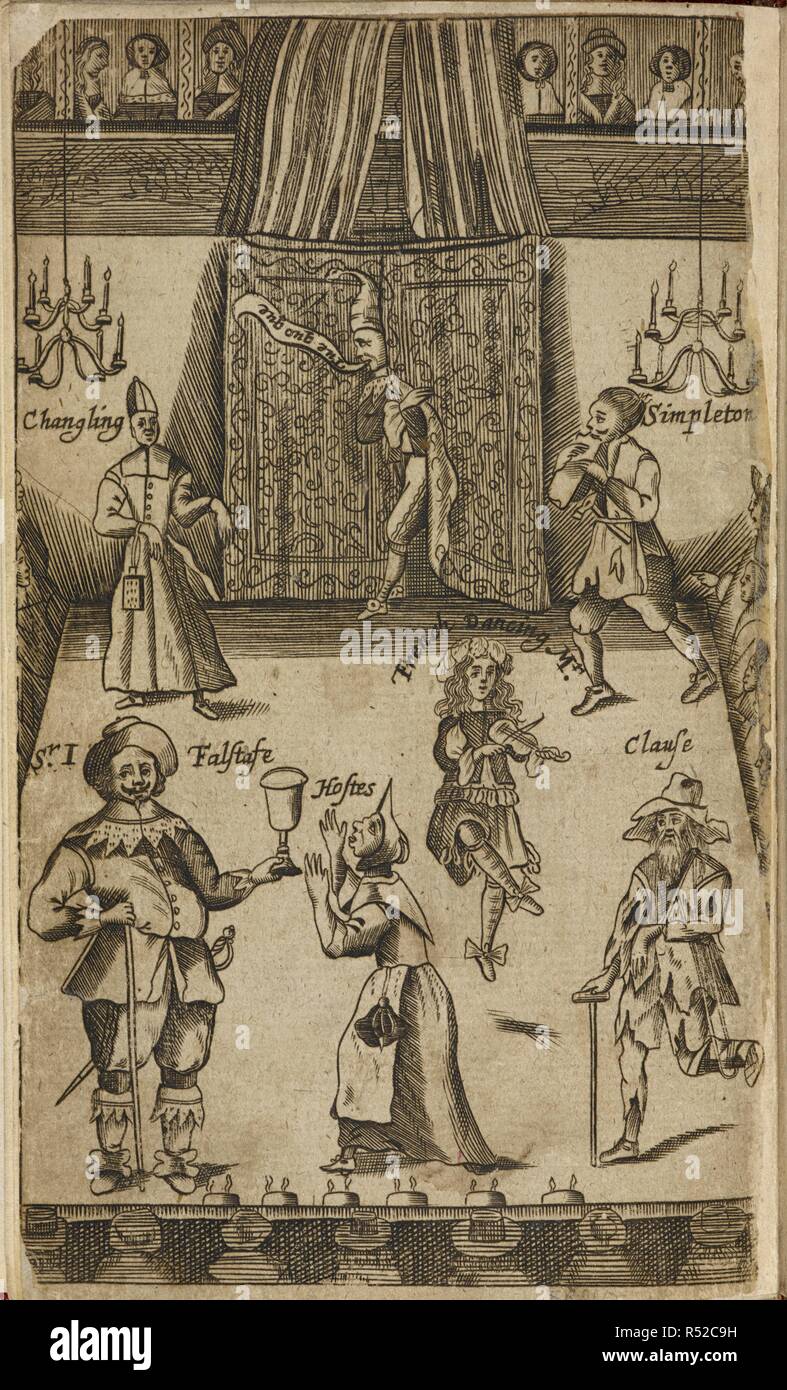 Elizabethan figures on a stage, annotated with names from various plays, such as: Changeling; Simpleton; French dancing and possibly, Falstaffe. The Wits, or Sport upon Sport, being a curious collection of several drols and farces, etc. Written by Shakespear, Fletcher, Johnson, Shirley, and others. London, 1673, 72. Source: C.71.h.23 frontispiece. Language: English. Author: Kirkman, Francis. Stock Photo