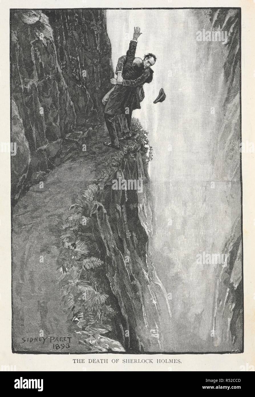 'The death of Sherlock Holmes.' Sherlock holmes and Professor Moriarty fighting at the Reichenbach falls. Illustration for the story 'the adventure of the final problem.'. The Strand magazine : an illustrated monthly / edited by G. Newnes. London : George Newnes. 1893. July to December. Source: P.P.6004.glk page 558. Author: DOYLE, ARTHUR CONAN. Paget, Sydney. Stock Photo
