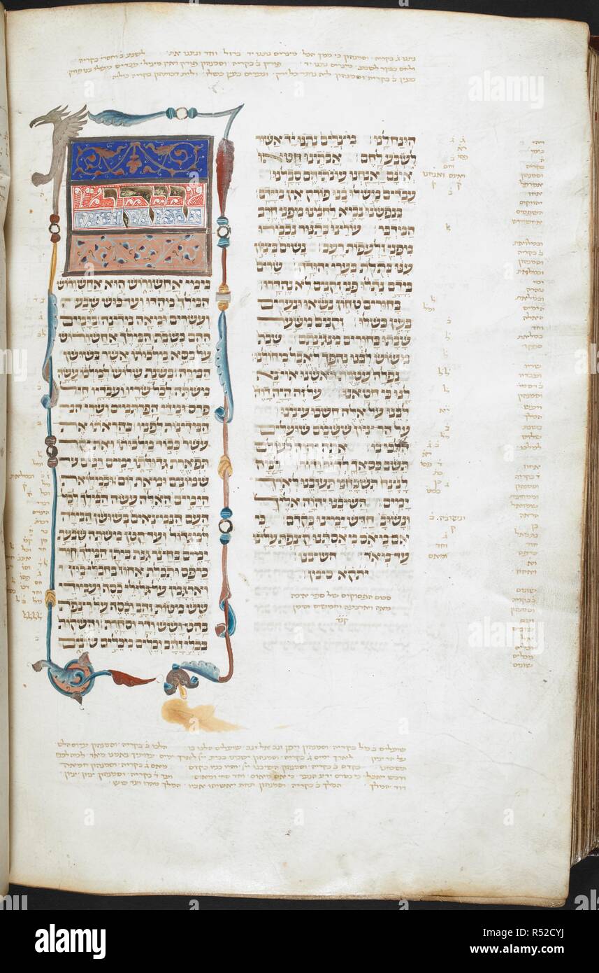Decorated initial-word panel Wa-yehi (and it came to pass) accompanied with a foliate border inhabited by a hybrid, at the beginning of the Book of Esther. Bible with masorah magna and parva. Italy, C. (Rome?) or Italy, N. (Bologna); last quarter of the 13th century. Source: Harley 5711, f.270v. Language: Hebrew, Aramaic. Stock Photo