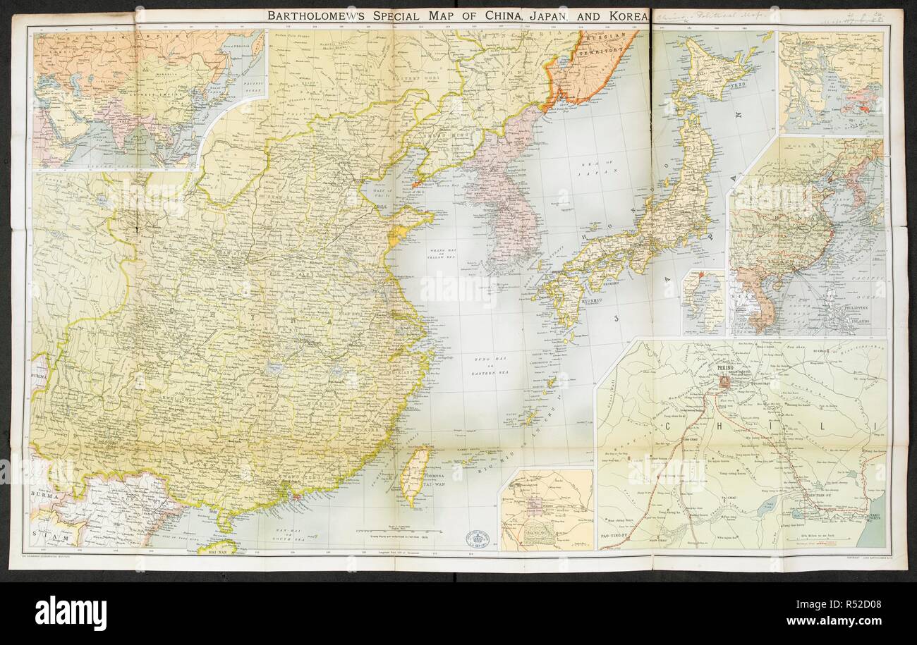 A map of China, Japan and Korea.  Bartholomew's special Map of China, Japan, and Korea. Scale, 1 : 6,000,000. ([Environs of] Peking. 11 3/4 miles to an inch). Edinburgh : J. Bartholomew & Co., 1900. Source: Maps 20.a.34. Language: English. Stock Photo