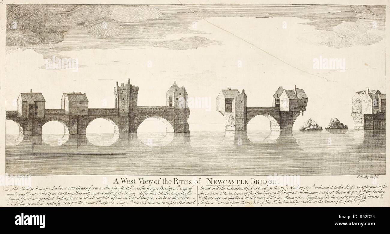 A west view of the ruins of Newcastle Bridge. W. View of the Ruins of Newcastle Bridge as it appeared after the late dreadful Flood, on the 17th Nov. 1771. Source: Maps K.Top.32.57.bb. Language: English. Author: Beilby, Ralph. Stock Photo