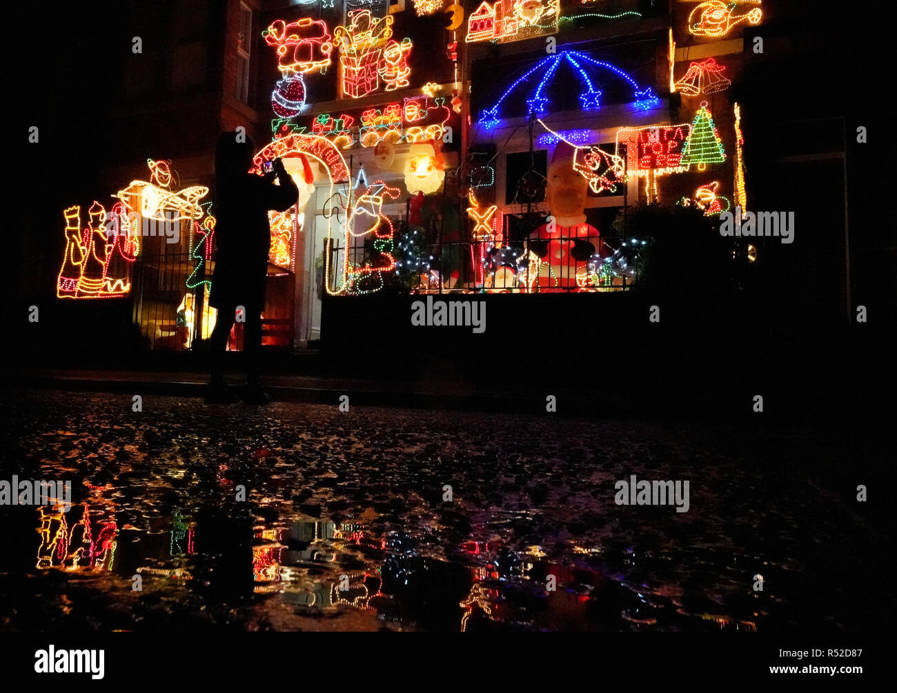 A house in Gateshead is lit up with Christmas lights, it is the 21st