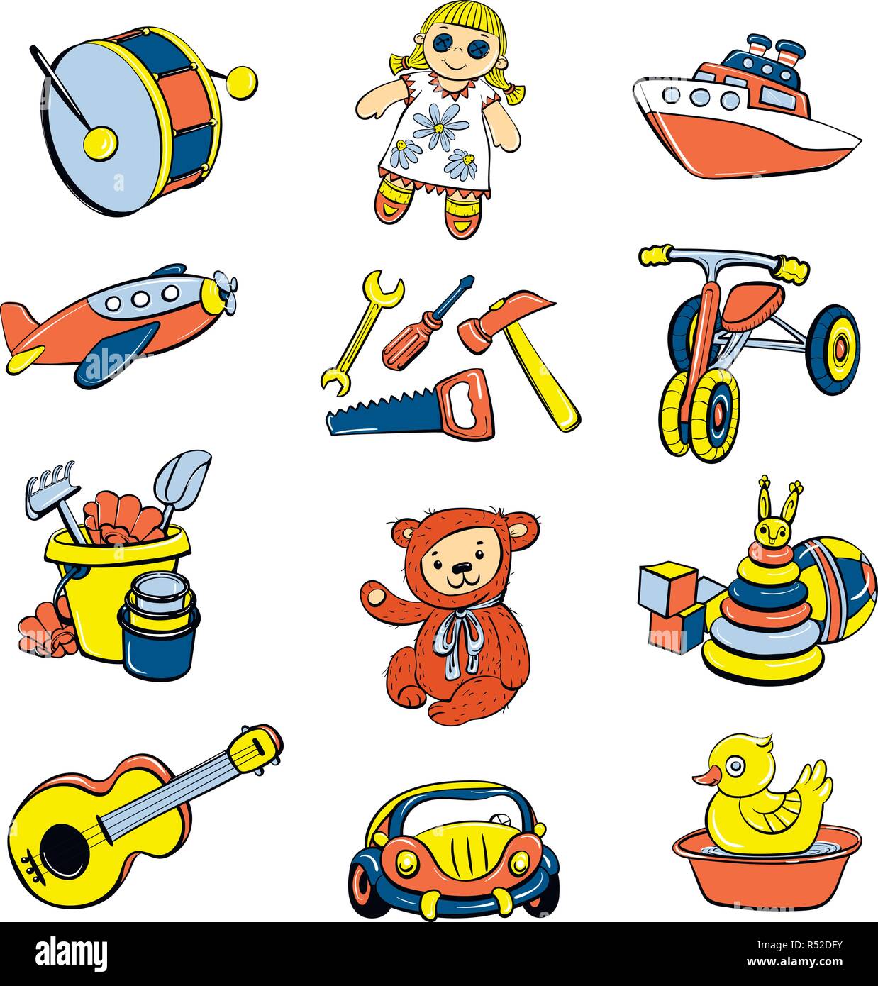 Kid toys or children playthings icons set. Cartoon hand drawn