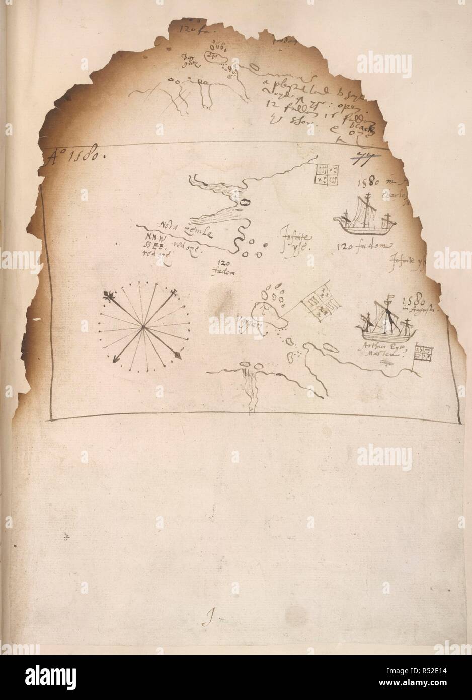 Chart made by Hugh Smyth during an expedition led by Arthur Pet and Charles Jackman on the 'George' and the 'William', which set out in May 1580 to find a northern route to Cathay. The chart shows the two ships, and English standards on the islands of Vaygach and Novaya Zemlya, off the Arctic coast of Russia. Papers relating to the Voyages of Hawkins, Frobisher, Drake, etc. 1580. Source: Cotton Otho E. VIII, f.78. Language: English. Stock Photo