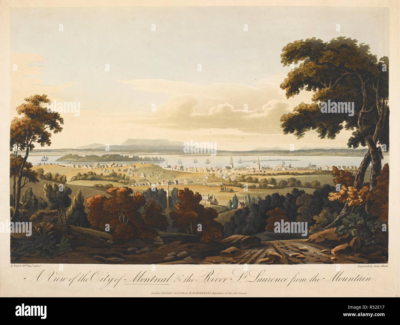 A view looking down from a hill across fields towards Montreal; a column in the middle ground; the St. Lawrence River and boats in the distance. A View of the City of Montreal & the River St. Lawrence from the Mountain. London : Publish'd Jany 1 1811, at R. ACKERMANN'S Repository of Arts, 101, Strand. Source: Maps K.Top.119.42.d. Language: English. Author: Bluck. Stock Photo