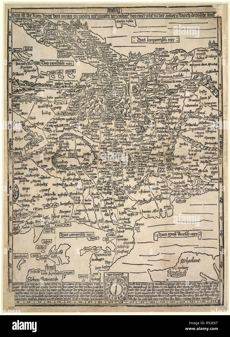 Germany. Das ist der Rom Weg von meylen zu meylen mit punct. [Nuremberg], [1492?]. Map of Germany.  Image taken from Das ist der Rom Weg von meylen zu meylen mit puncten verzeychnet von eyner stat zu der andern durch deutzsche lantt. [A wood-cut map of Germany. By Erhard Etzlaub]..  Originally published/produced in [Nuremberg], [1492?]. . Source: Maps.C.2.a.7.(2),. Language: German. Stock Photo