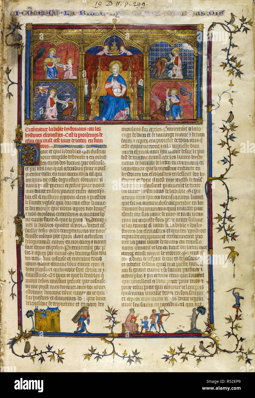 Miniature of God enthroned holding a globe with two angels supporting a papal tiara above him, and four Evangelists writing on scrolls with their symbols; two scenes in the bas-de-page, Samson with the gates of Gaza and Solomon setting the three sons to shoot at their father's corpse to prove their legitimacy; and a foliate initial 'P'(our) with a full border, at the beginning of the prologue. Bible historiale complÃ©tÃ©e moyenne (the 'Bible Historiale of John the Good'). France, Central (Paris); c. 1350-before 1356. Source: Royal 19 D. II, f.1. Language: French. Author: GUYART DES MOULINS. Stock Photo
