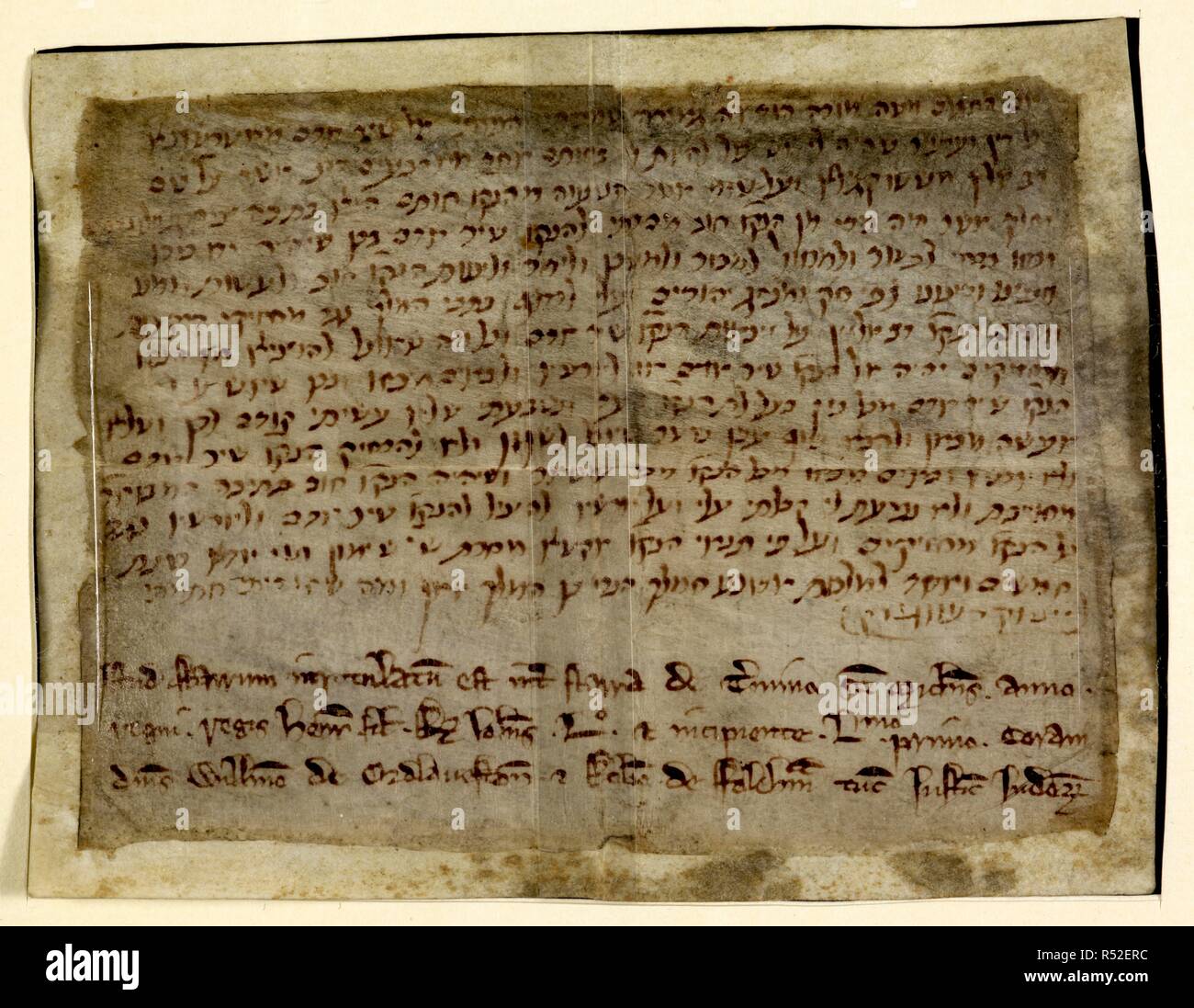 These thirteenth century charters record transactions with Jewish moneylenders. The majority are written solely in Hebrew but this one, in which Isaac of Southwark renounces his claim to a debt, contains additional words in Latin. 13th century. Source: Harley Charter 43 A 68. Language: Hebrew and Latin. Stock Photo