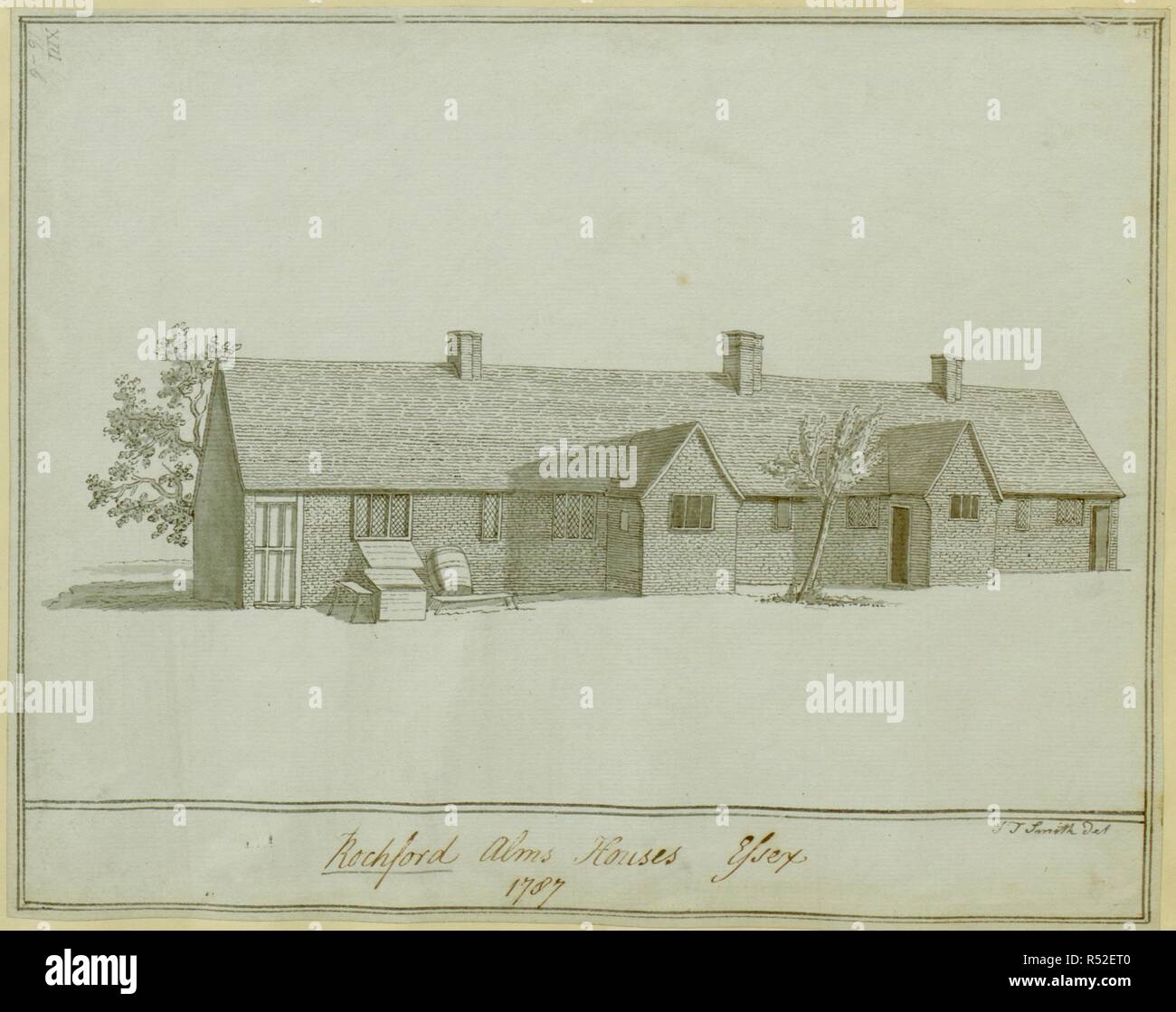 A monochrome view of the alms houses at Rochford; a tree in front and