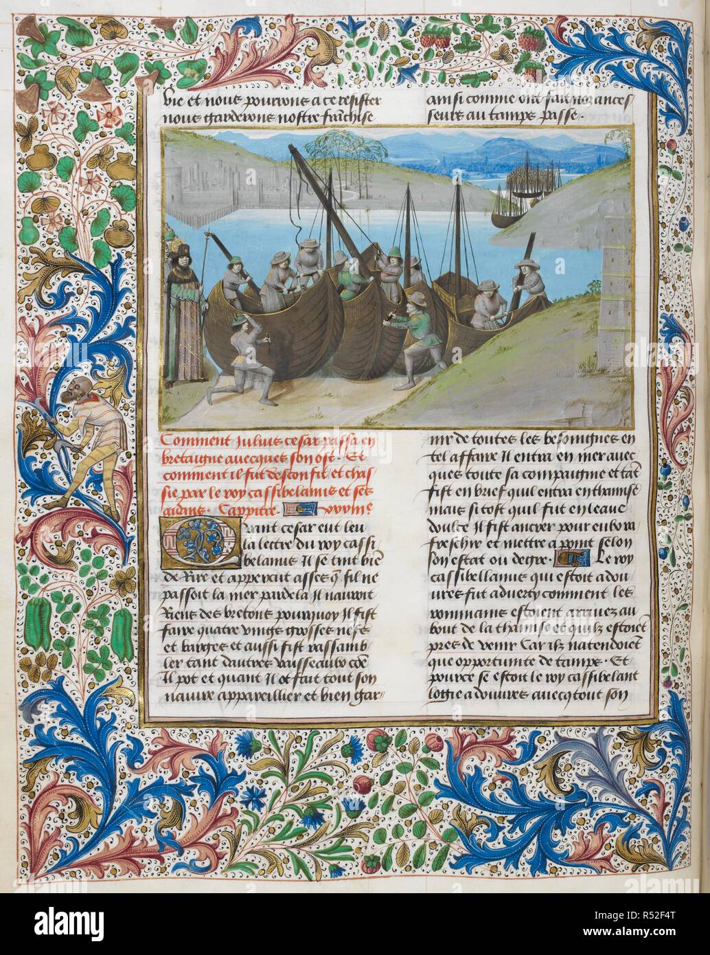 Caesar building a fleet to invade Britain. . Chroniques d'Angleterre. Netherlands, S. (Bruges); after 1471, before 1483. Each miniature marked by the same letter of the alphabet as the first page of a quire in which it is situated. Initials in gold on blue and rose grounds with penwork decoration on white. Line-fillers in blue and rose with penwork decoration in white. Full foliate border. Source: Royal 15 E. IV, f.57v. Author: Master of the London Wavrin. Stock Photo