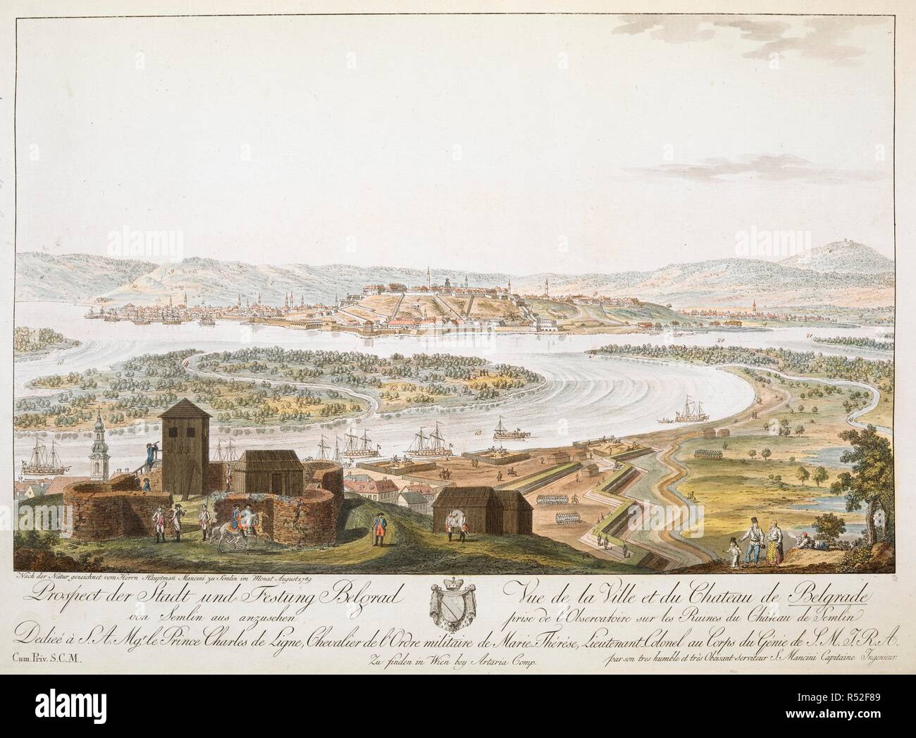 A view of the City and Castle of Belgrade. Vue de la Ville et ChaÌ‚teau de Belgrade. [Vienna] : Artaria, 1789. Source: Maps K.Top.113.60.d. Language: German and French. Stock Photo