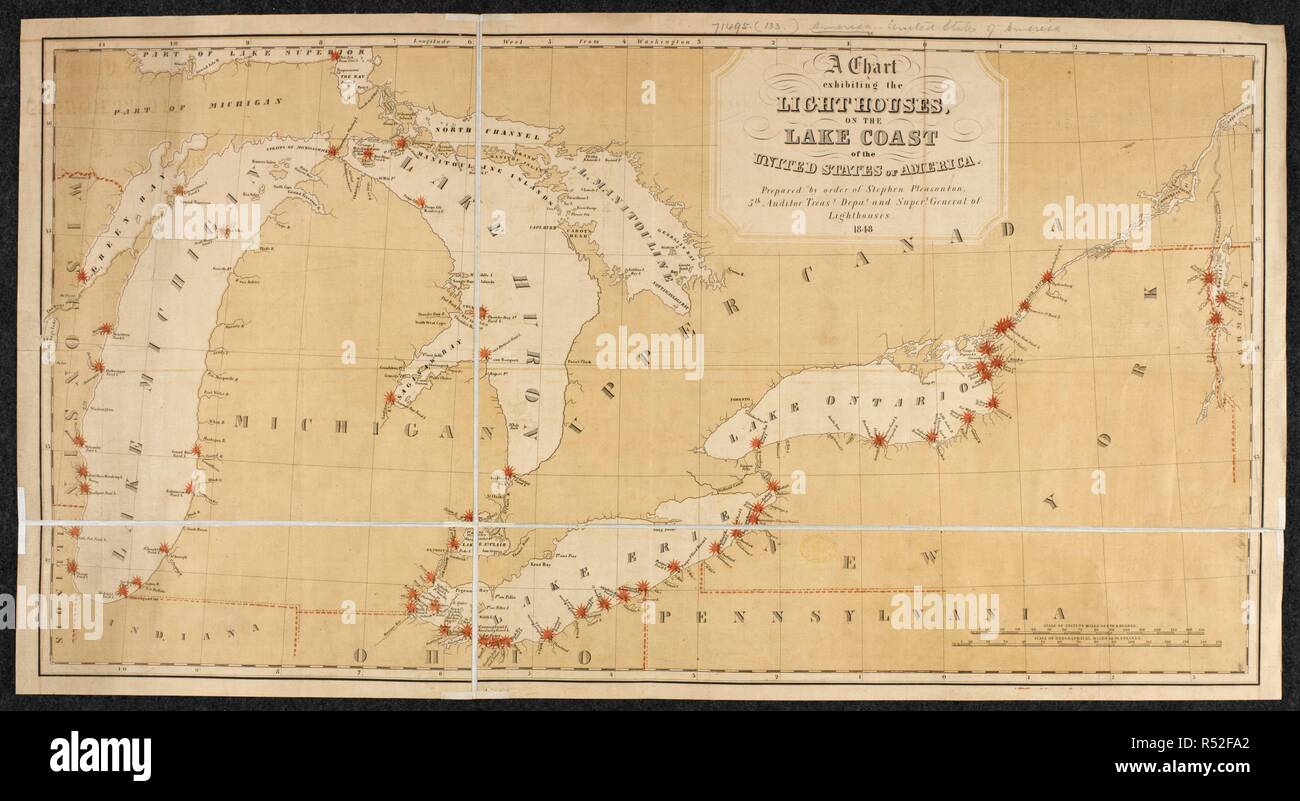 A chart showing the lighthouses on the coasts of the Great Lakes of America. A Chart exhibiting the Light Houses, on the Lake Coasts of the United States of America ... Scale of statute miles, 150[ = 150 mm]. [Washington], 1848. Source: Maps 71495.(133.). Language: English. Stock Photo