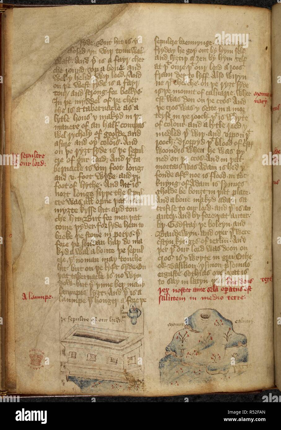 'Ãže sepulcre of our Lord.' Text and two miniatures. 'The book of John Maundeuile', in English: an abridged text of the defective version. Beg. XV cent. 'Jehan de Mandeville', translated as 'Sir John Mandeville', is the name claimed by the compiler of The Travels of Sir John Mandeville, a book account of his supposed travels, which probably first appeared in Anglo-Norman French, and first circulated between 1357 and 1371. Source: Royal 17 C. XXXVIII f.19v. Language: English. Stock Photo