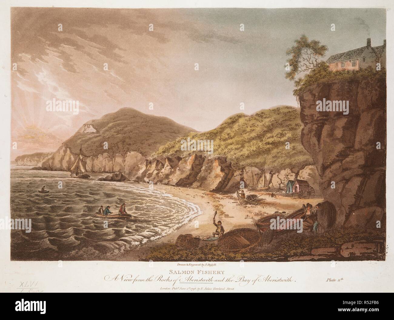 Figures and boats on a beach; boats on the water; rocks and cliffs behind. SALMON FISHERY. A View from the Rocks of Aberystwith and the Bay of Aberystwith. London : Pubd June 1st 1798 by F. Jukes Howland Street., [June 1 1798]. Aquatint and etching with hand-colouring. Source: Maps K.Top.46.65.c. Language: English. Author: Hassell, John. Stock Photo