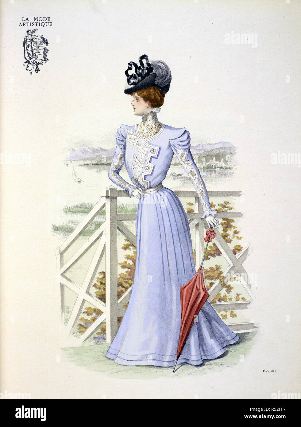 A design by Paquin. 'A new and very pretty skirt which is suitable for wearing at the sea-side, of lavender blue piquÃ©, made for ... Mademoiselle CÃ©cile Sorel. Width is given to the dress by the machine stictched folds which are left loose a little below the skirt. The bodice which is slightly pouched is cut in battlements, each square or tab being edged with tiny tucks and fastened by a crystal button: the yoke is entirely covered with guipure lace, while the bodice and sleeves are embroidered in white. The hat ... is of black rice straw trimmed with a wired velvet ribbon true lovers knot a Stock Photo