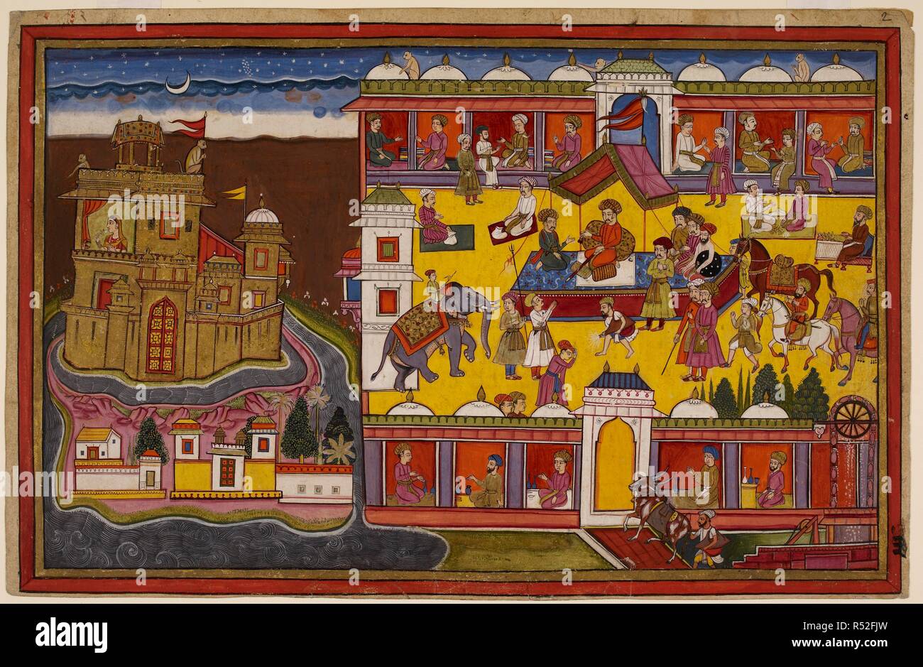 HanumÄn is perched on the roof of the bazaar observing the main square of Laá¹…kÄ, which is surrounded by shops, with stall-holders in the centre and keepers of the peace on a raised platform in the middle. He continues his explorations by moving to the summit of RÄvaá¹‡a's golden palace on the left, surrounded by water. Ramayana. Udaipur, c.1653. Source: I.O. San 3621, f.2. Language: Sanskrit. Stock Photo