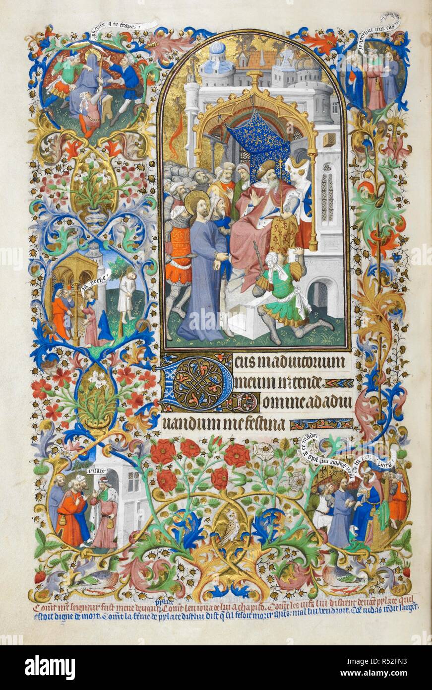 Hours of the Passion:  Christ before Pilate, with additional scenes in the border of Christ being mocked, Judas returning the money and his suicide; Pilate and the Jews, Pilate and Christ (Prime). . Bedford Hours. Paris; 1414-1423. Large miniature in colours and gold at the beginning of each canonical hour with full historiated border. Each text page is surrounded by full borders including medallions and explanatory verses in blue and gold in the lower margin. Source: Add. 18850 f.227v. Language: Latin and French. Author: Workshop of the Master of the Duke of Bedford. Stock Photo