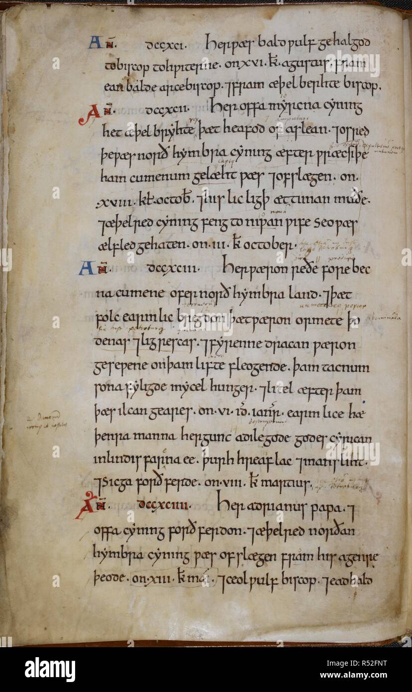 The third paragraph (dccxciii) describes the first Viking raid on Lindisfarne, Northumberland, and the omens that preceded it In present day English : â€˜Here were dreadful forewarnings come over the land of Northumbria, and woefully terrified the people: these were amazing sheets of lightning and whirlwinds, and fiery dragons were seen flying in the sky. A great famine soon followed these signs, and shortly after in the same year, on the sixth day before the ides of January, the woeful inroads of heathen men destroyed godâ€™s church in Lindisfarne island by fierce robbery and slaughter. And S Stock Photo