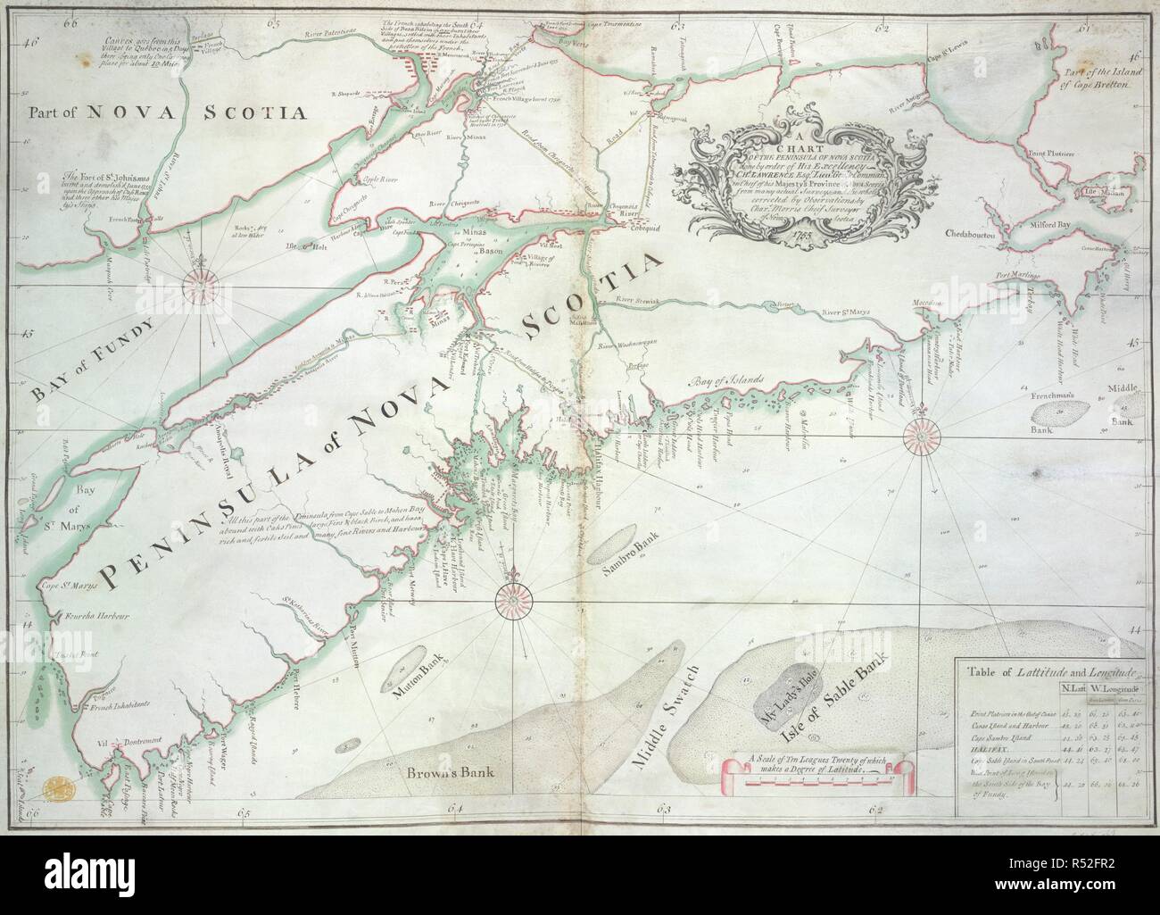 A chart of the peninsula of Nova Scotia. A CHART OF THE PENINSULA OF NOVA SCOTIA / done by order of His Excellency CHS. LAWRENCE Esqr. Lieut. Govr. & Commr. in Chief of his Majesty's Province of NOVA SCOTIA from many actual Surveys; and the whole corrected by Observations: by Chars. Morris Chief Surveyor of Nova Scotia 1755. [Halifax?] : by Chars. Morris Chief Surveyor of Nova Scotia, 1755. Source: Maps K.Top.119.57. Language: English. Stock Photo
