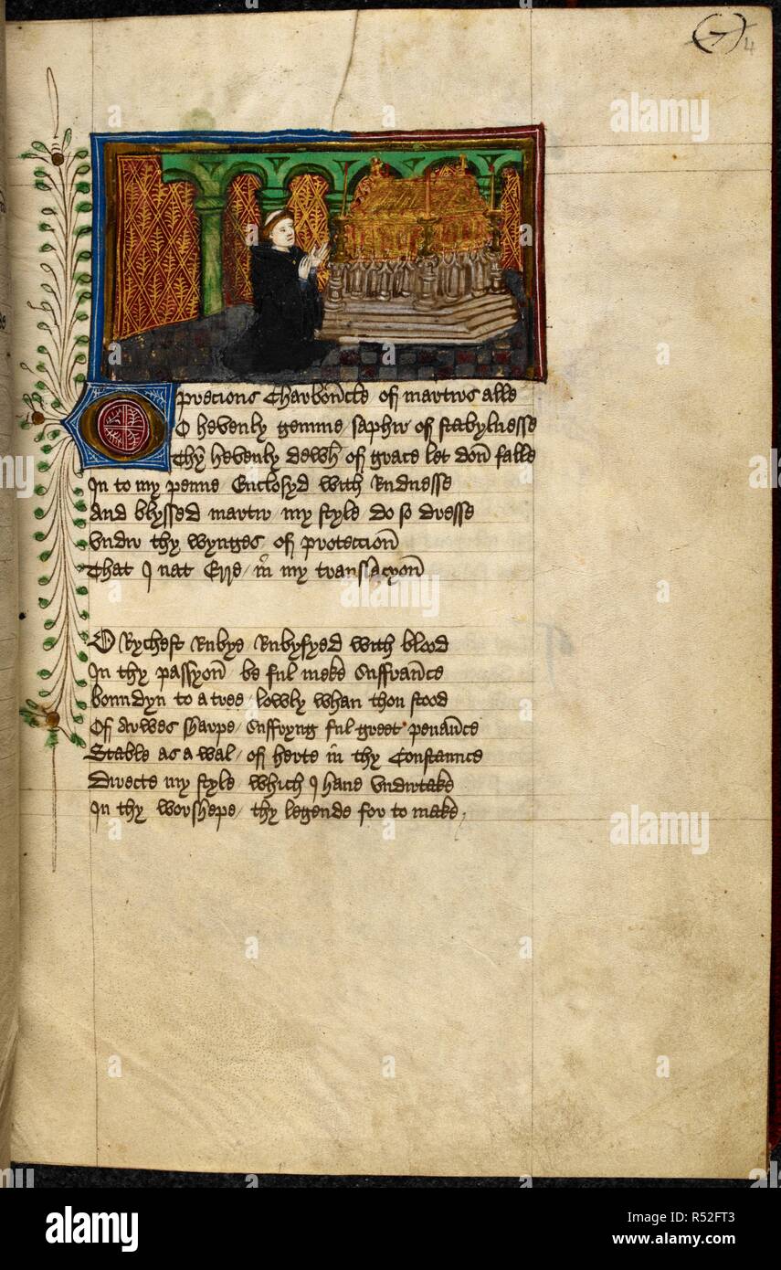 Miniature of John Lydgate kneeling at the shrine of Edmund, with an illuminated initial 'O', from John Lydgate's Lives of Saints Edmund and Fremund. Lives of Saints Edmund and Fremund. England, S. E. (Bury St Edmunds?); between 1461 and c. 1475. Source: Yates Thompson 47, f.4. Language: English. Stock Photo