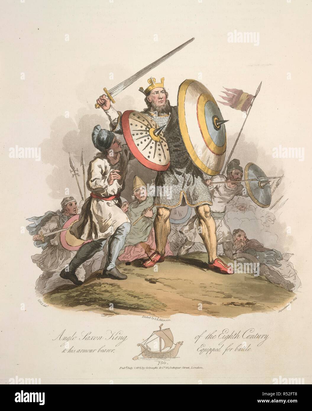 Anglo-Saxon king. The Costume of the original inhabitants of the Bri. R. Havell: London, 1815. Anglo-Saxon king and his armour-bearer equipped for battle. Anno 750.The king wears a golden crown surmounted by three fleur de lys. He wears body armour, a costume of iron rings.  Image taken from The Costume of the original inhabitants of the British Islands from the earliest periods to the sixth century, to which is added that of theGothic nations on the Western Coasts of the Baltic, the ancestors of the Anglo-saxons and Anglo-Danes..  Originally published/produced in R. Havell: London, 1815. . So Stock Photo