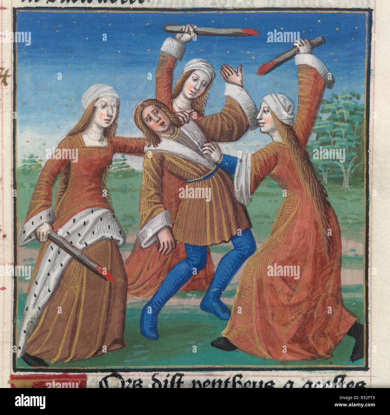 The death of Pentheus. Metamorphoses. Antoine VÃ©rard: Paris, 1494. (Miniature only) The death of Pentheus. Agave, with her sisters Auntonoe and Ino, murders her son Pentheus on Mt. Cithaeron after he disturbs their Bacchic rites. Source: IC.41148, XXXIV. Language: French. Stock Photo