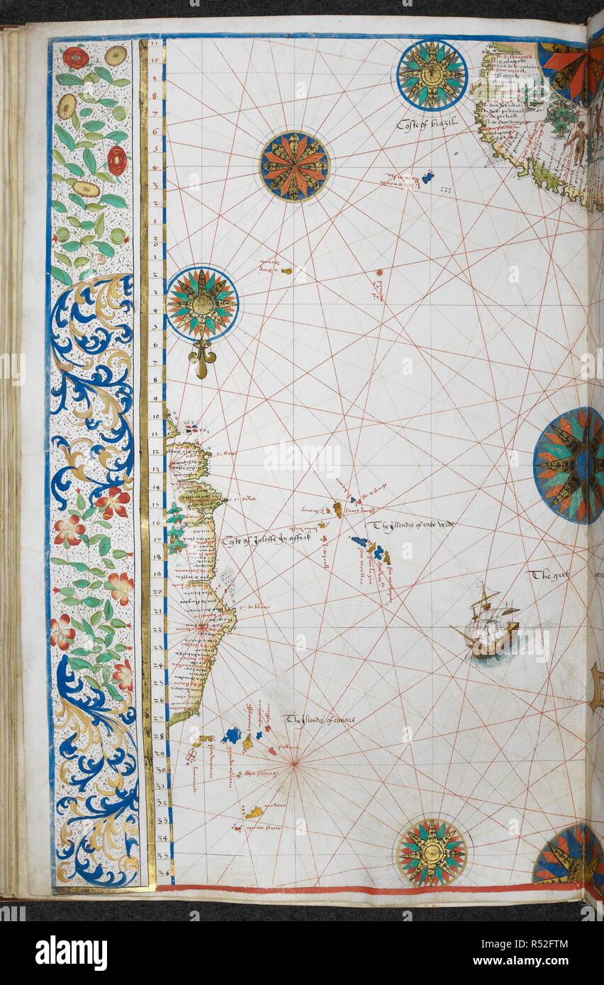 Chart of the Atlantic Ocean, with the western coast of Africa from 27Å‚ to 9Å‚ north, and the opposite coast of South America from 9Å‚ north to 10Å‚ south. Jean Rotz, Boke of Idrography (The 'Rotz Atlas'). c 1535-1542. Source: Royal MS 20 E IX f.25v. Language: French & English. Stock Photo