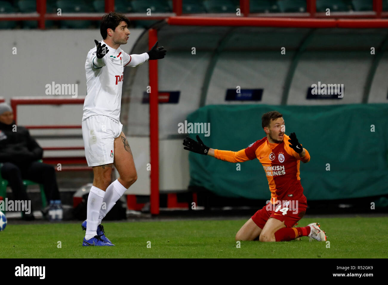MOSCOW, RUSSIA - NOVEMBER 28: Vedran Corluka (L) of FC Lokomotiv Moscow and Martin Linnes of Galatasaray react during the Group D match of the UEFA Champions League between FC Lokomotiv Moscow and Galatasaray at Lokomotiv Stadium on November 28, 2018 in Moscow, Russia. (MB Media) Stock Photo