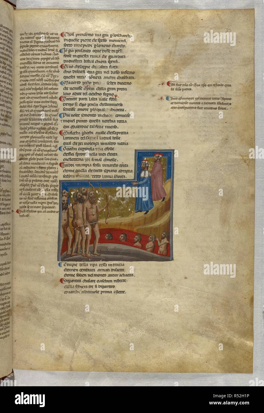 Inferno: Centaurs beside the river of blood. Dante Alighieri, Divina Commedia ( The Divine Comedy ), with a commentary in Latin. 1st half of the 14th century. Source: Egerton 943, f.22. Language: Italian, Latin. Stock Photo