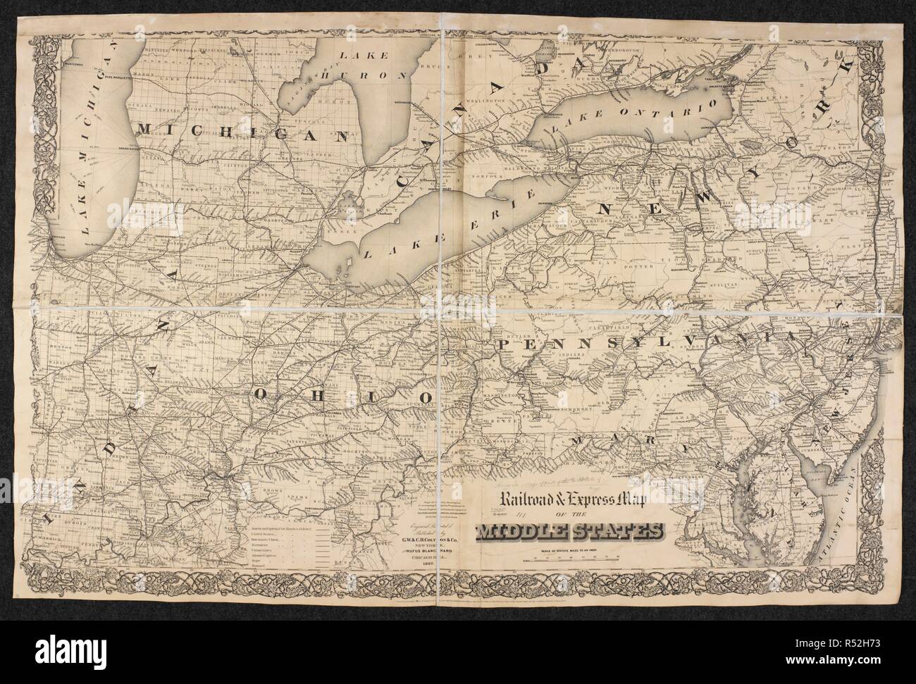 A railroad and express map of the Middle States of North America. Railroad & Express Map of the Middle States. Scale, 20 statute miles to an inch. R. Blanchard. Chicago, New York [printed], 1867. Source: Maps 71495.(111.). Language: English. Stock Photo