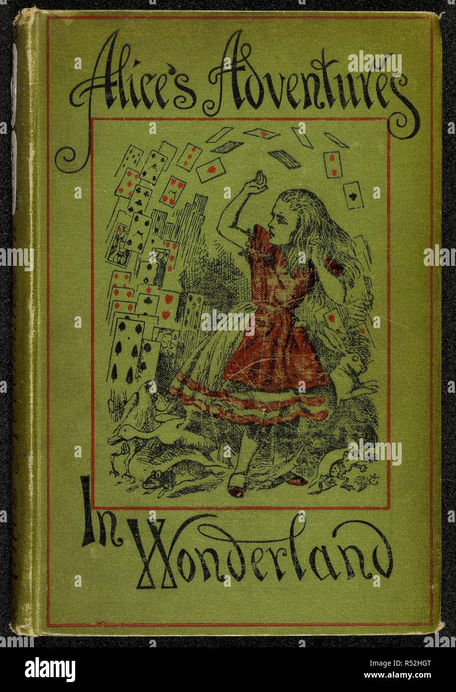 Front binding from Lewis Carroll's 'Alice's Adventures in Wonderland. Alice surrounded by playing cards. . Aliceâ€™s adventures in Wonderland with forty-two illustrations by John Tenniel. London : Macmillan, 1888. Source: YA.1992.a.7247 front binding. Language: English. Stock Photo